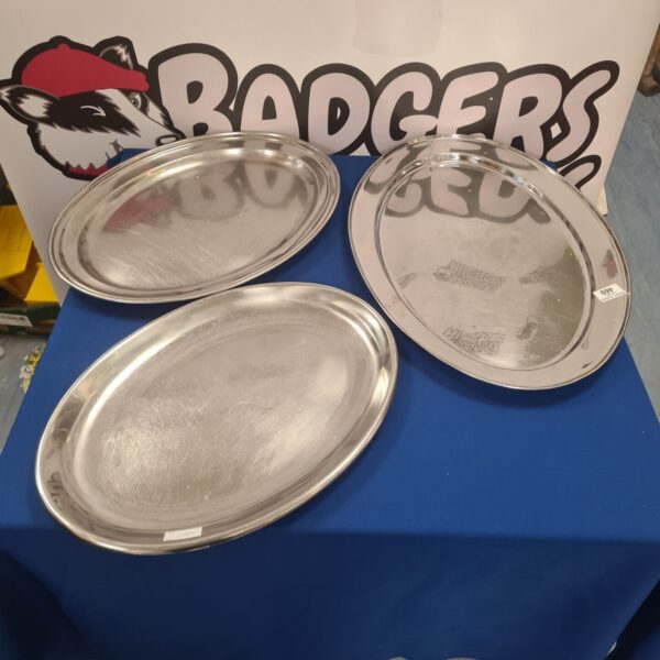 Large stainless steel dish, catering platter, serving tray.