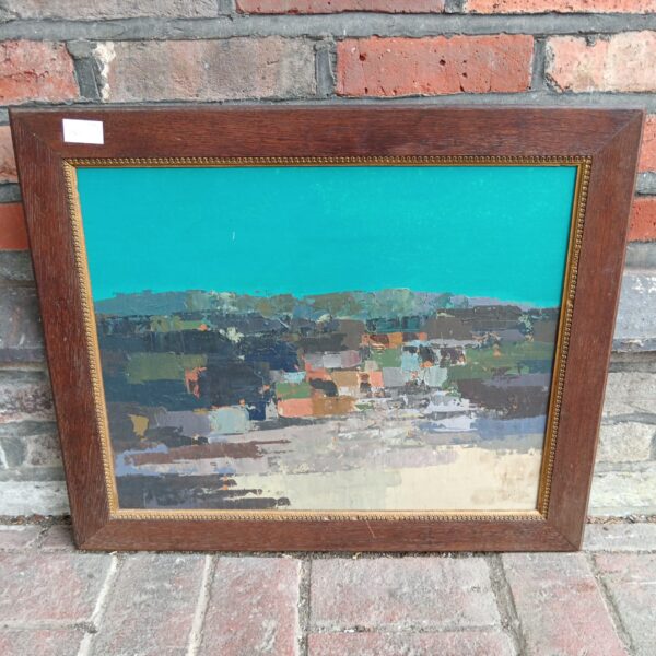Vibrant South African abstract painting by Boshoff depicting a rural landscape.