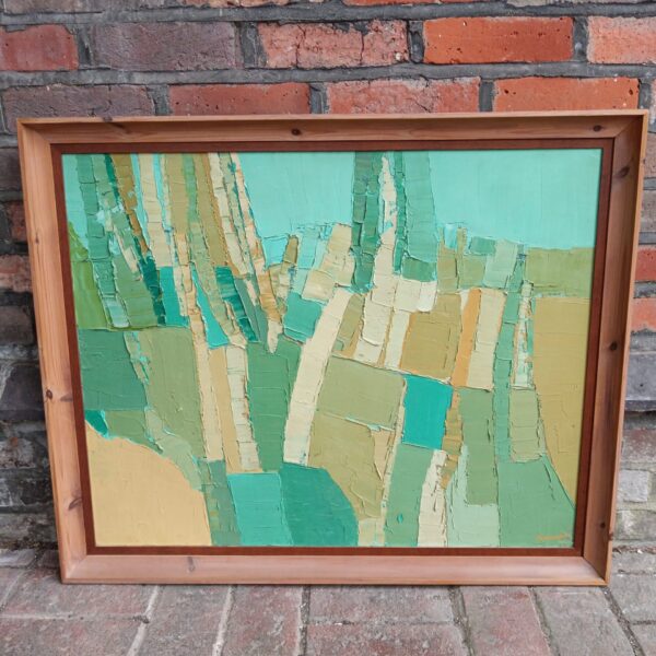 Vibrant abstract landscape oil painting by South African artist Boshoff.