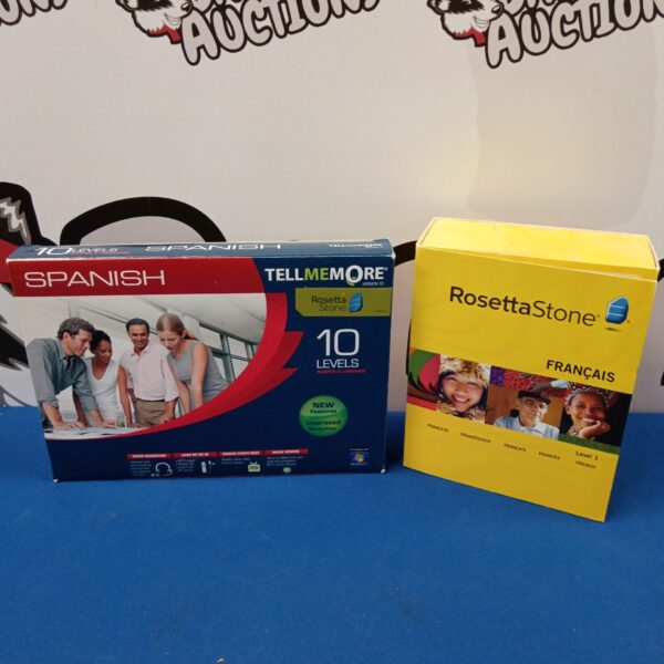 Rosetta Stone and Tell Me More language learning sets for French and Spanish.
