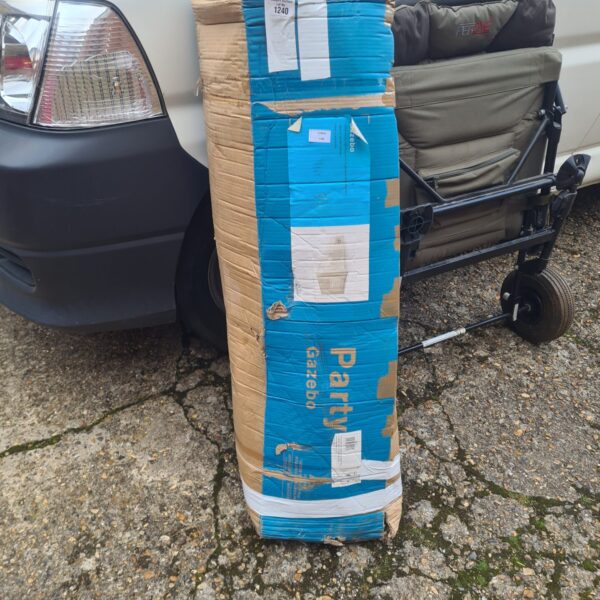 Large boxed party gazebo ready for assembly.
