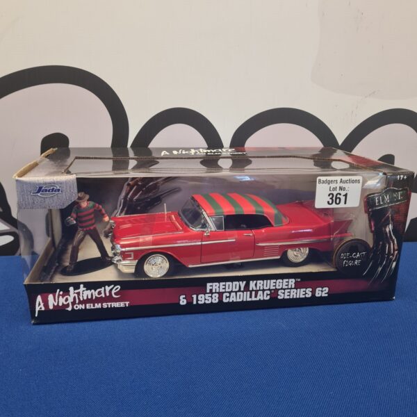 Jada Freddy Krueger 1958 Cadillac Series 62 diecast car in box.