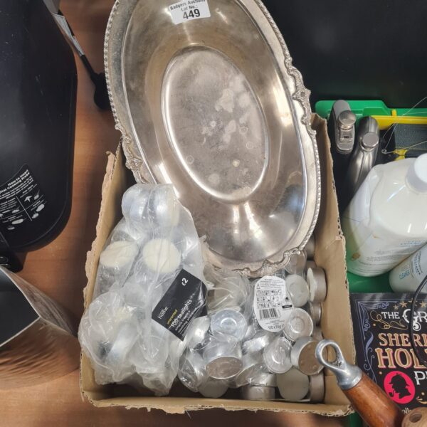 Silverplate tray with mixed candles in a vintage lot.