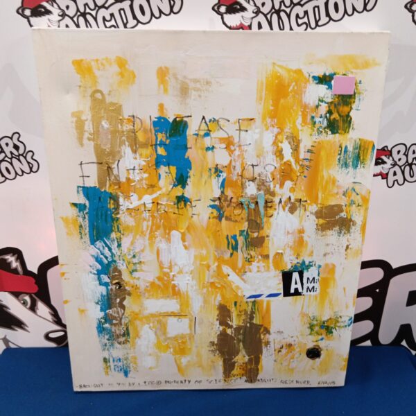 Signed abstract canvas painting with vibrant colours and bold brushstrokes.