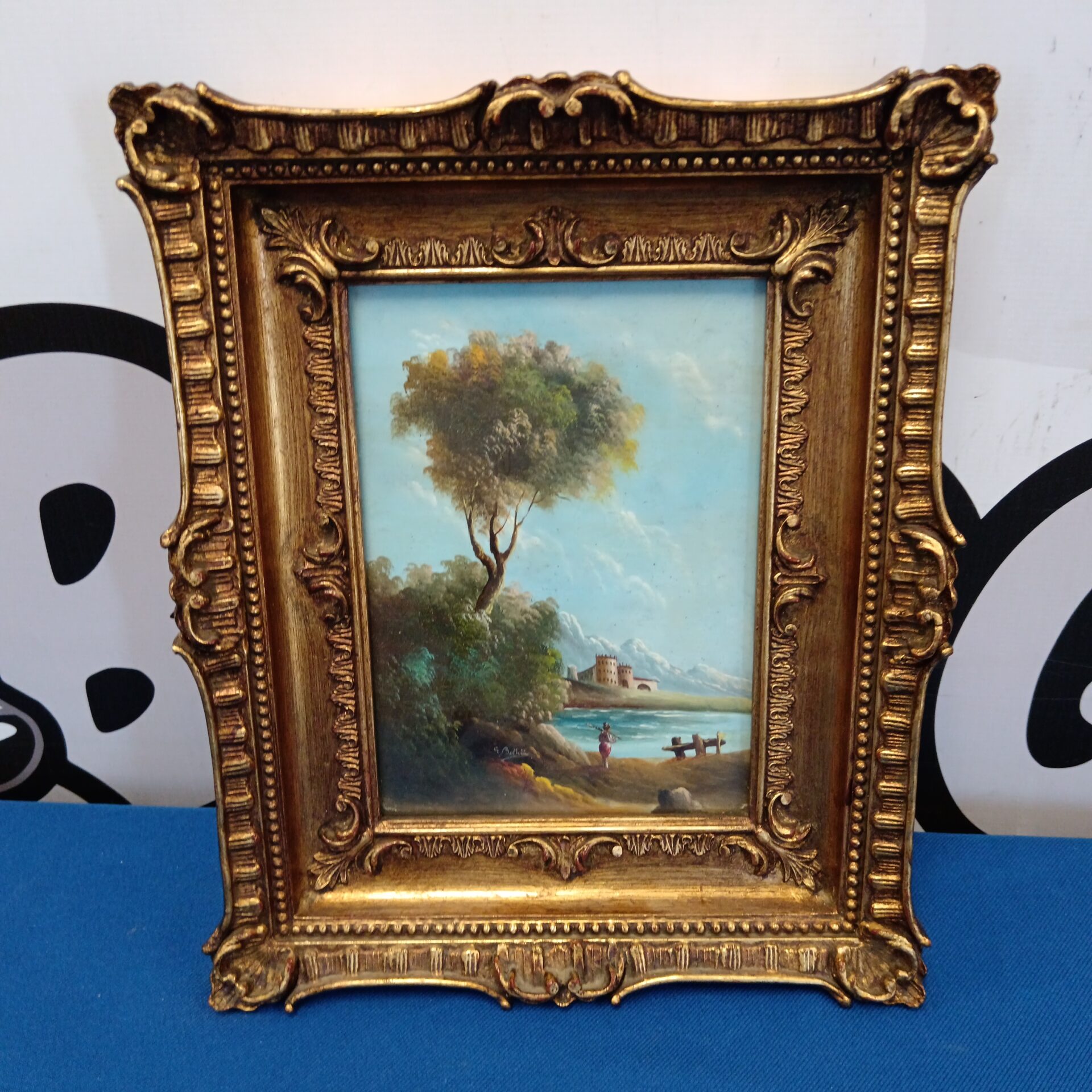 750 oil on brass continental classical lake scene with mountains