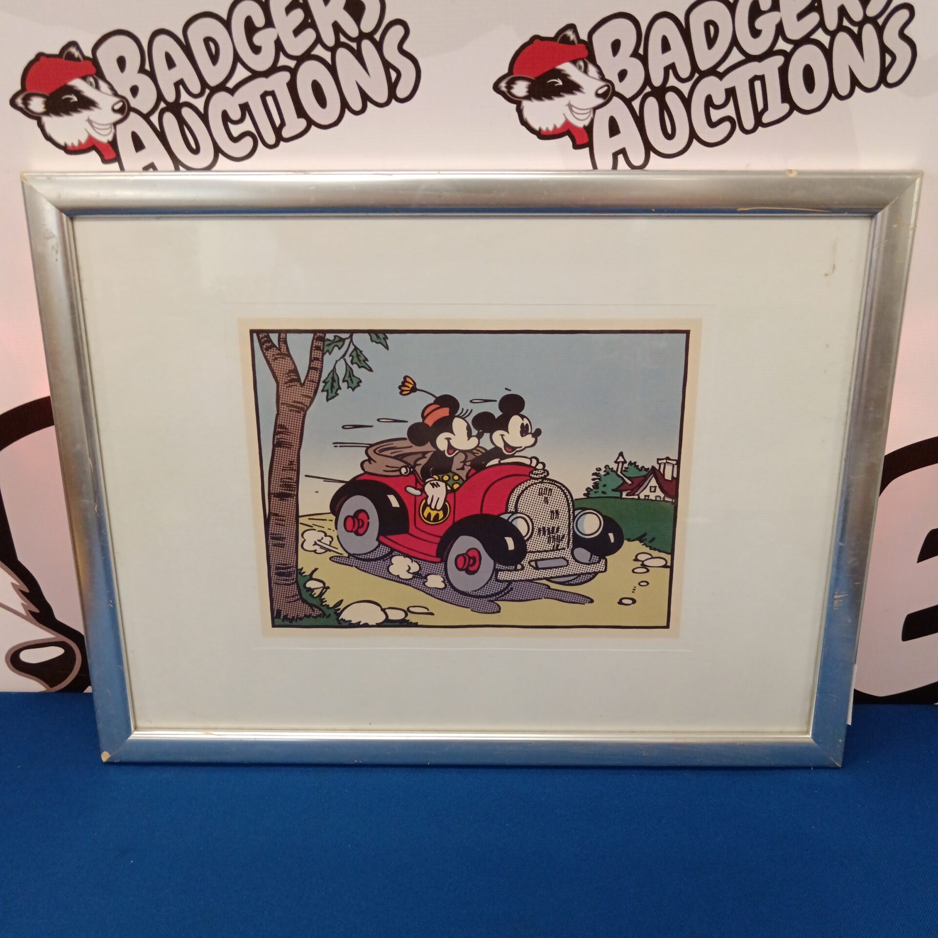 759 Vintage framed print of Mickey & Minnie mouse in a car