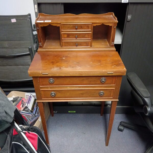 Vintage burr walnut Davenport desk with drawers and hinged writing surface.