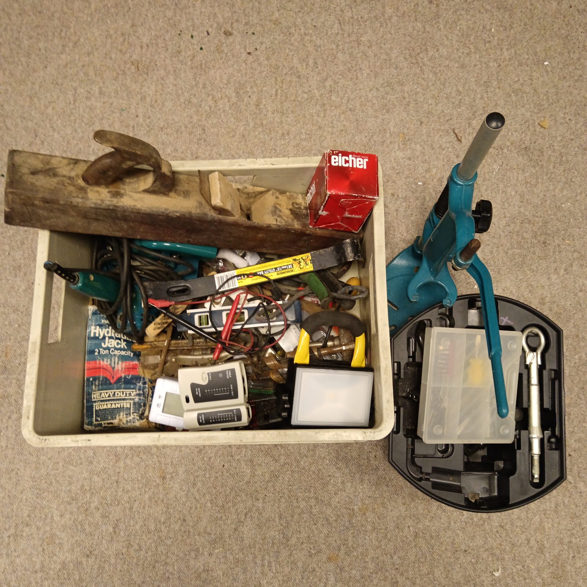 1155 Box of tools & hardware included large wood block plane & hydraulic jack