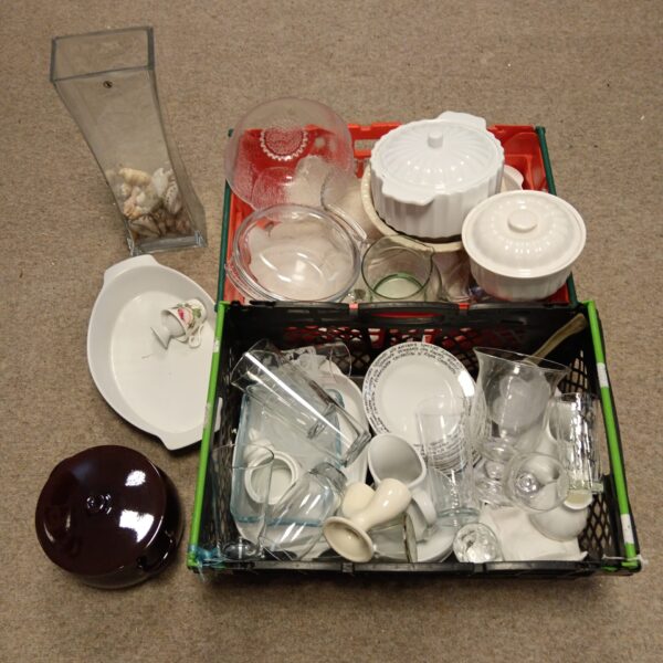 Vintage kitchenware lot with ceramic and glass pieces.