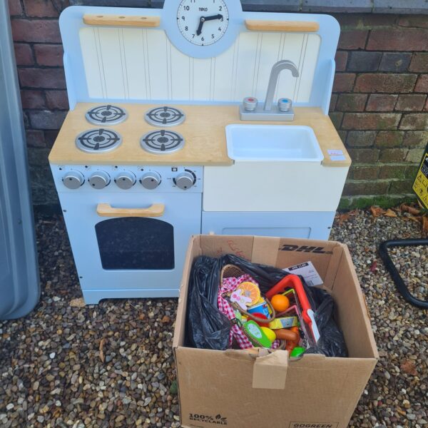 Tidlo country play kitchen set with accessories and box.