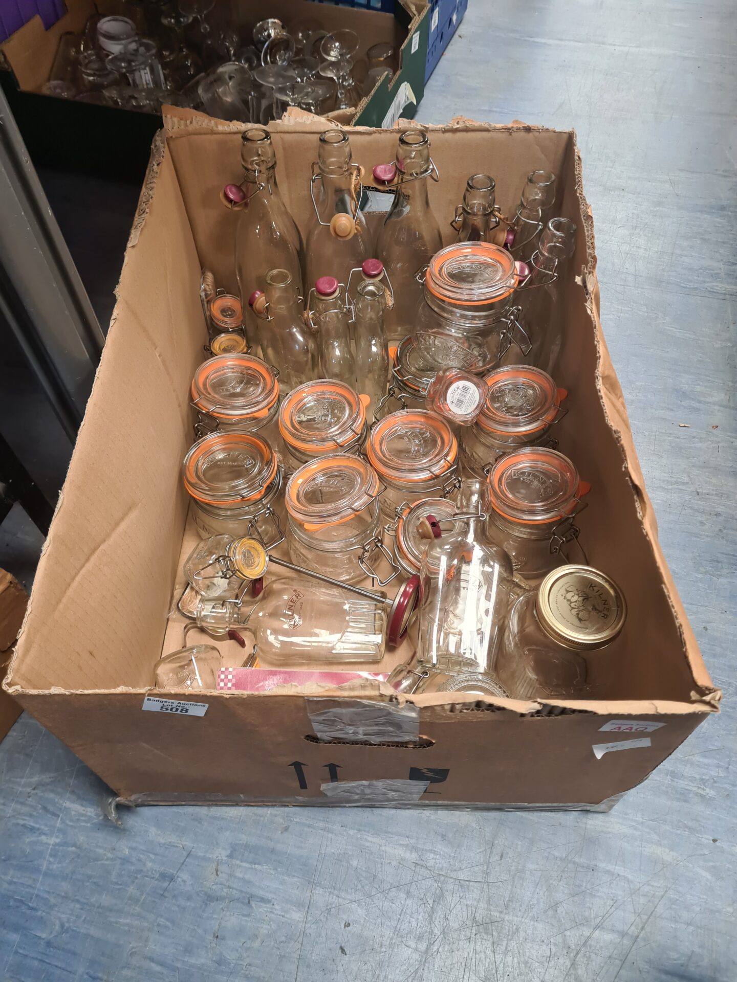 508 Large box of assorted Kilner items inc jars, bottles and seal discs