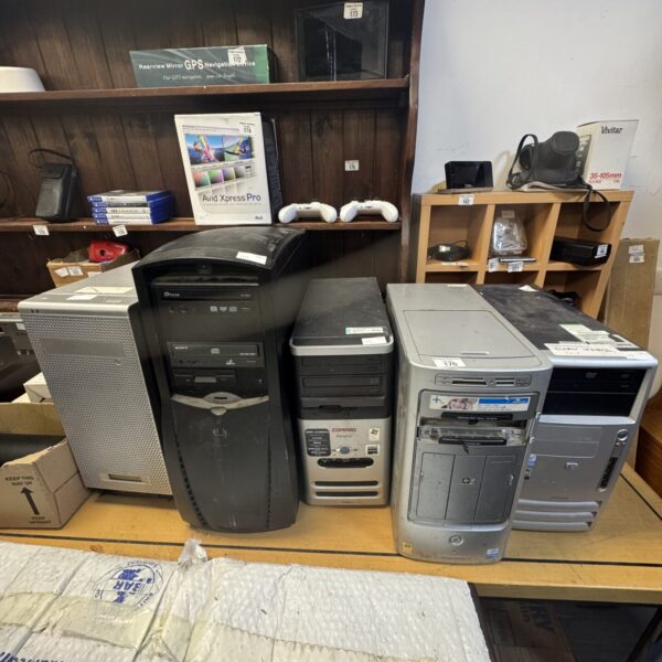 Lot of vintage desktop PC units from HP, Sony, and Compaq.
