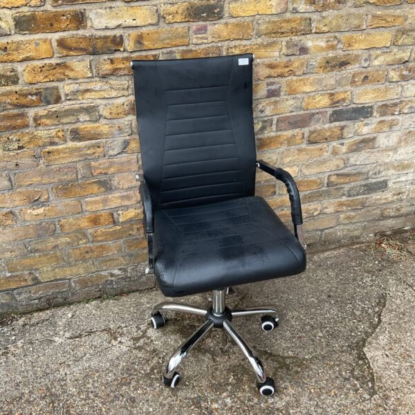 Black office swivel chair with adjustable height and swivel base.