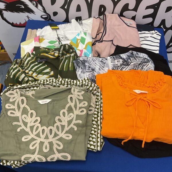 Designer dress and top bundle with colourful patterns and labels.