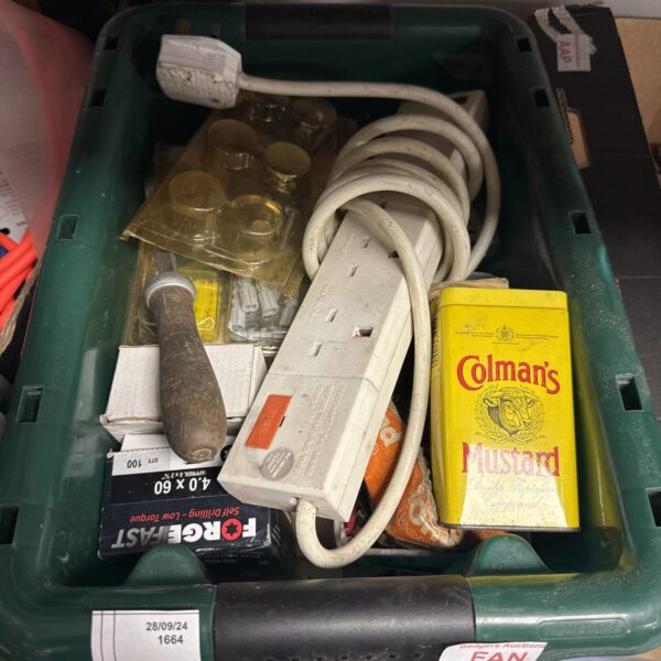 Mixed garage clearance lot with tools, hardware, and Colman's Mustard.