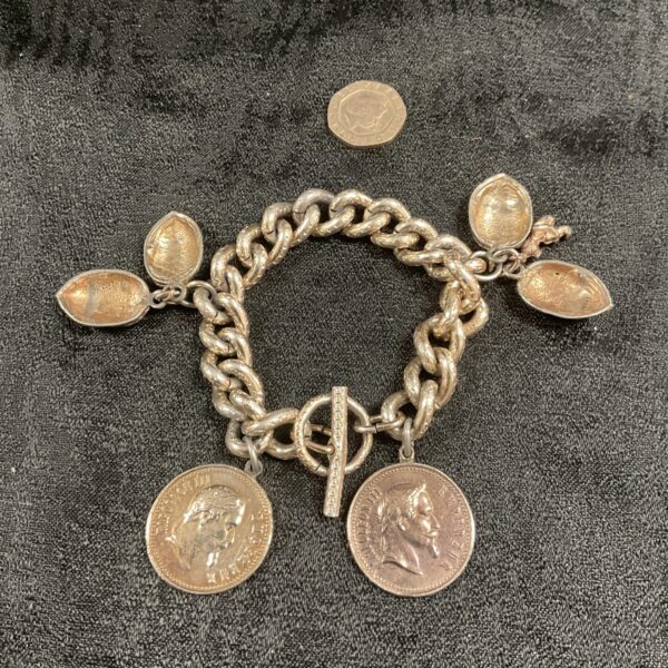 Antique French Empire Napoleon III coin bracelet with silver coins.