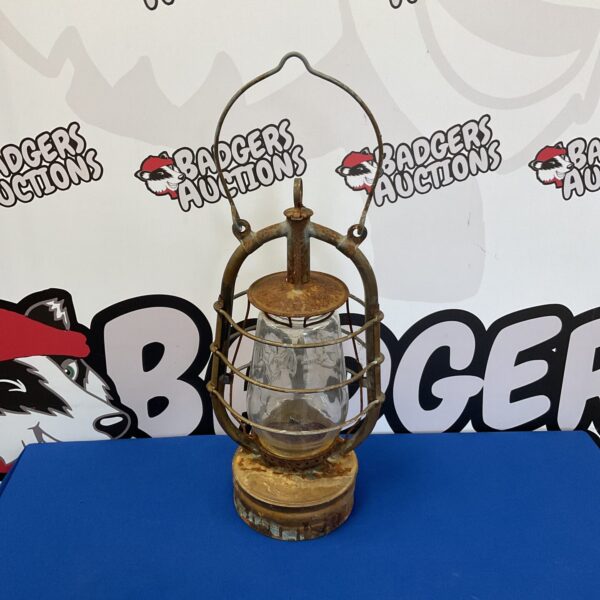 Vintage Veritas Pax hurricane lantern with clear glass globe.