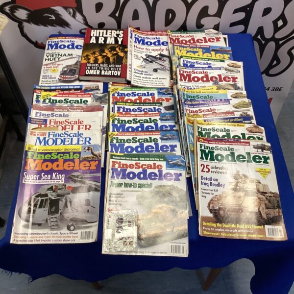 Stack of vintage *Fine Scale Modeler* magazines and *Hitler's Army* book.
