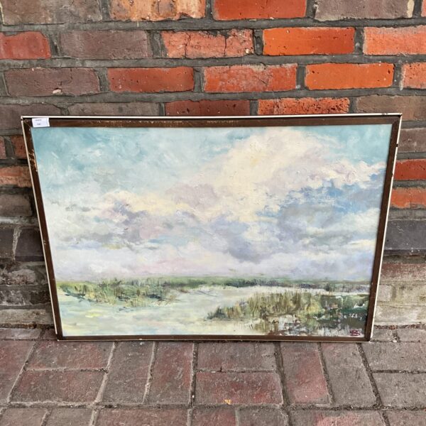 Signed 20th-century landscape painting with a stream.
