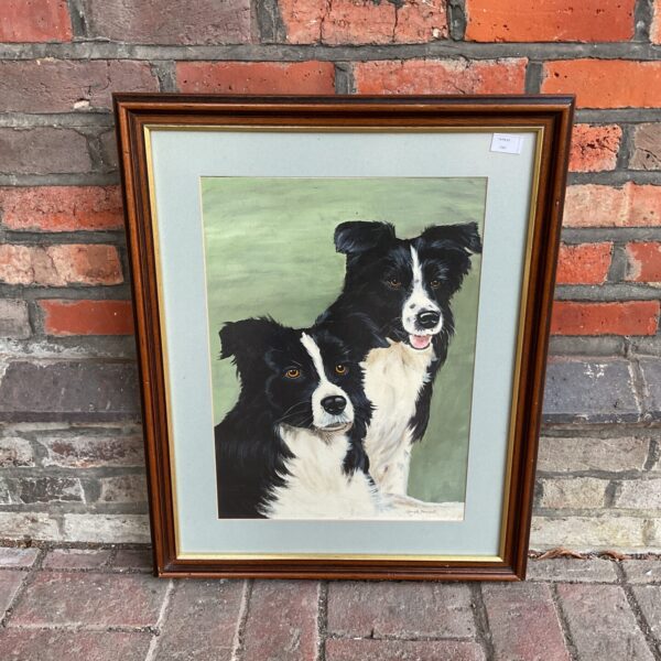 Signed oil painting of a pair of sheepdogs in a countryside landscape.