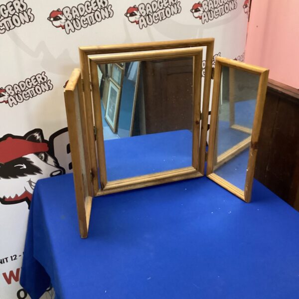 Vintage pine dressing table mirror with a rectangular mirrored surface.