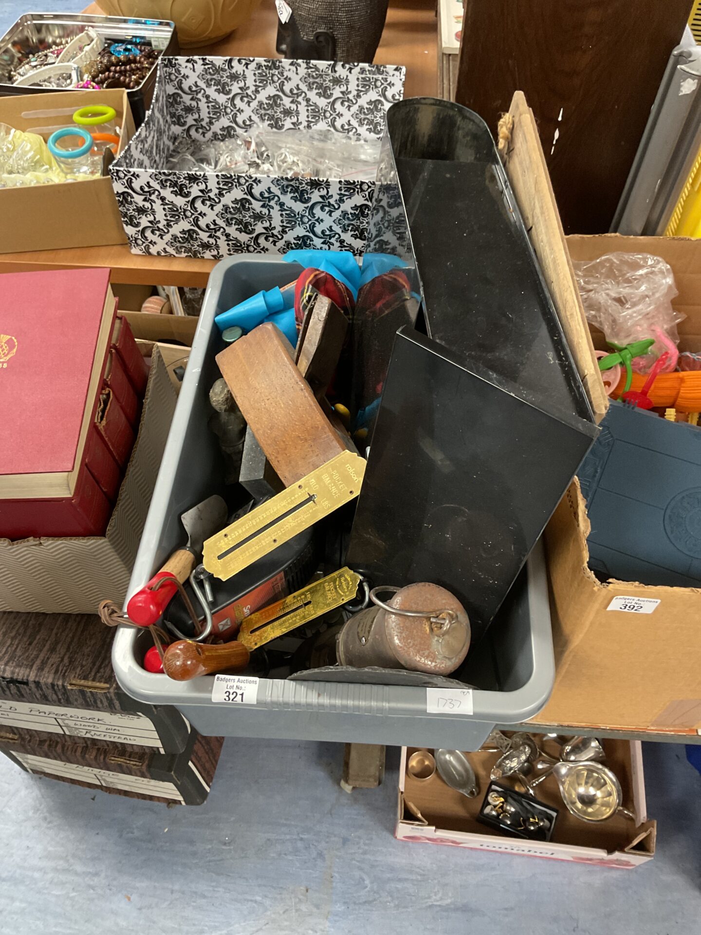 321 Box of mixed inc letter box, wooden block plane & miners lamp