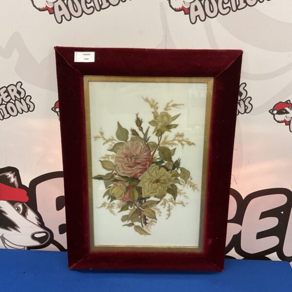Victorian opaque glass painting of autumnal flowers in velvet frame.