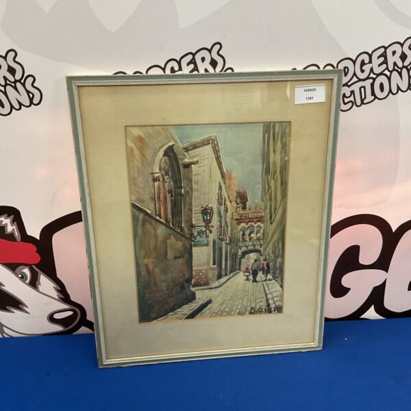 Vintage 1960s watercolour painting of a Barcelona street scene.