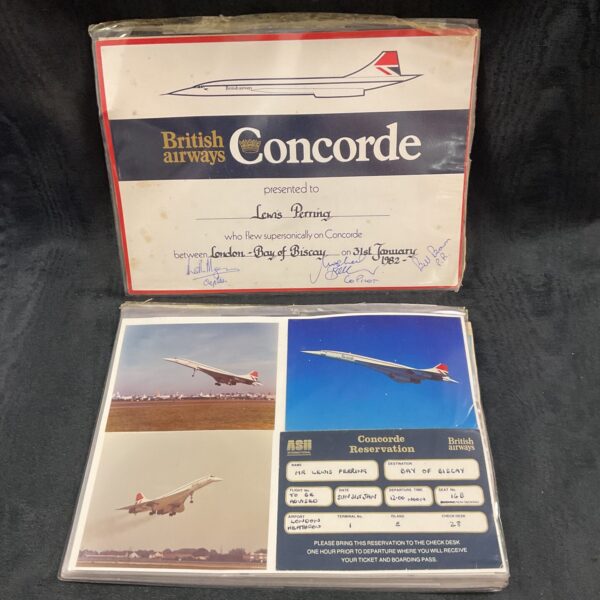 Vintage British Airways Concorde presentation folder with flight details.