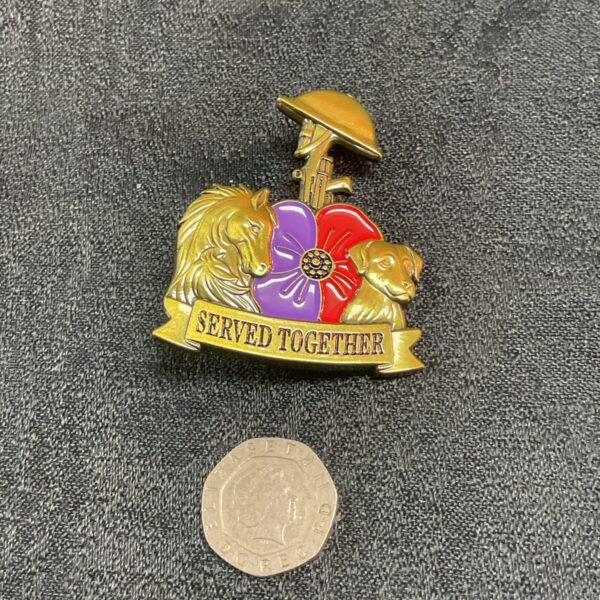 Close-up of the We Served Together brooch with poppy, soldier, horse, and dog.