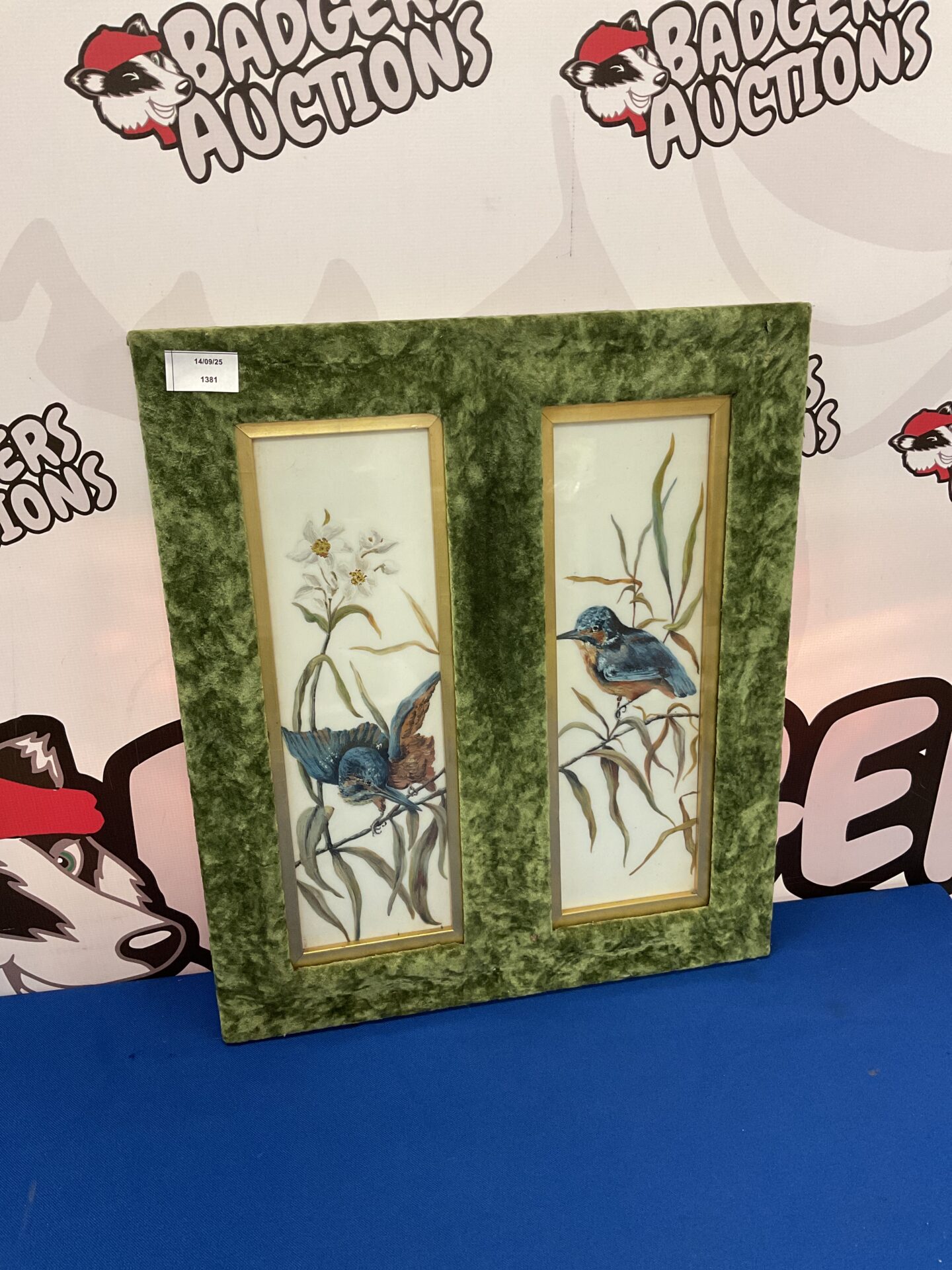 754 pair of vicrorian oil painting studies on opaque glass of kingfishers