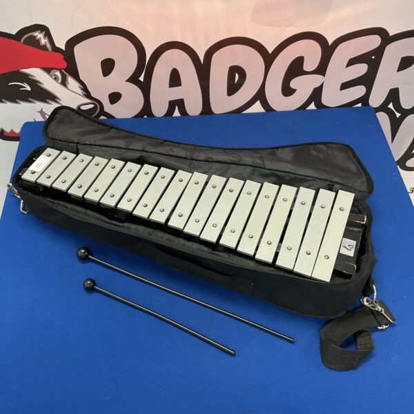 Vintage wooden xylophone in a carrying case with beaters.
