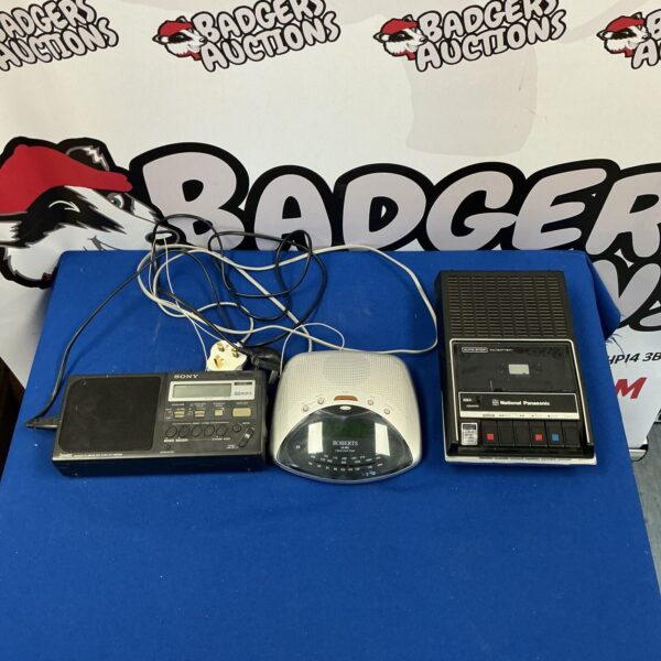 Vintage radio lot including Sony, Roberts, and National Panasonic devices.