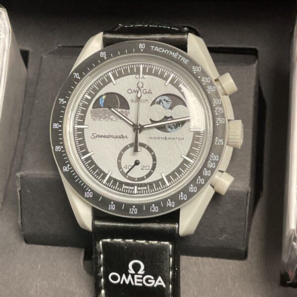 Front view of the Omega Moonswatch Speedmaster bioceramic watch.