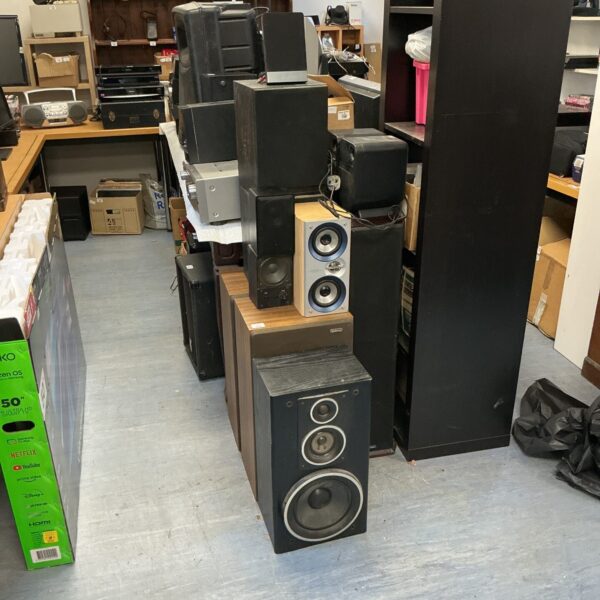 Lot of vintage speakers including Goodmans, Phonic, and Sonata.