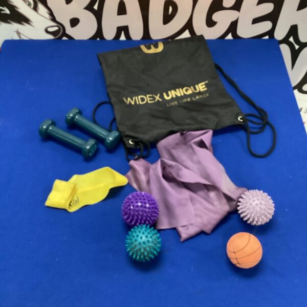 Fitness equipment lot including weights and spike balls.