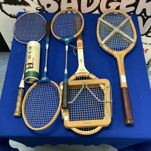 Vintage tennis and badminton rackets, Wilson brand, collectible sports equipment.