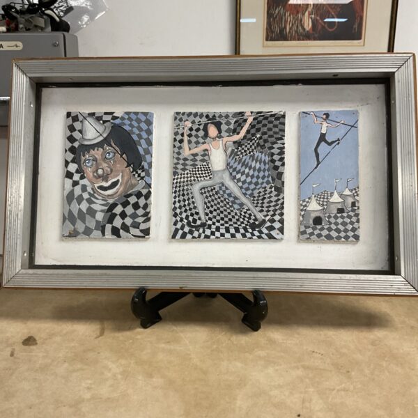 Vintage surrealist oil painting of a circus clown and high wire artist.
