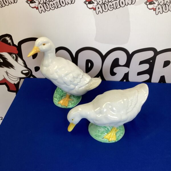 Vintage porcelain duck figures, detailed ceramic duck pair.