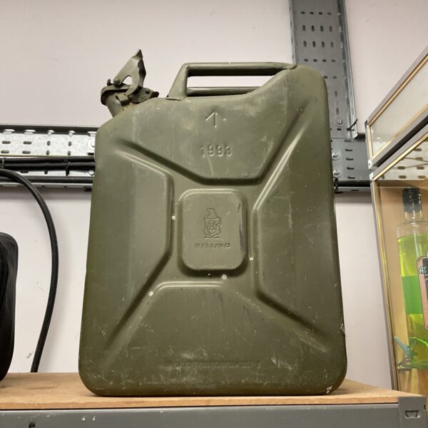 Vintage Bellino 1993 military jerry can, metal fuel container.
