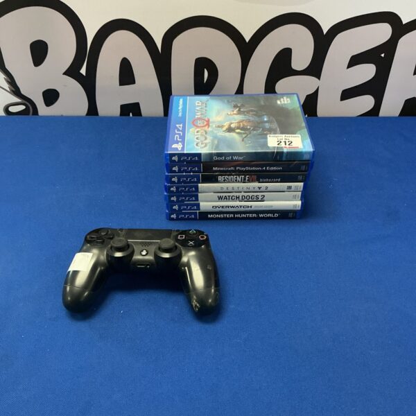 PlayStation 4 bundle with controller and God of War, Minecraft, Destiny 2 games.
