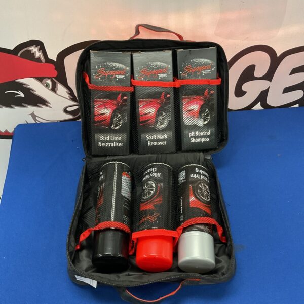 Supaguard car cleaning kit with multiple bottles of cleaning products.
