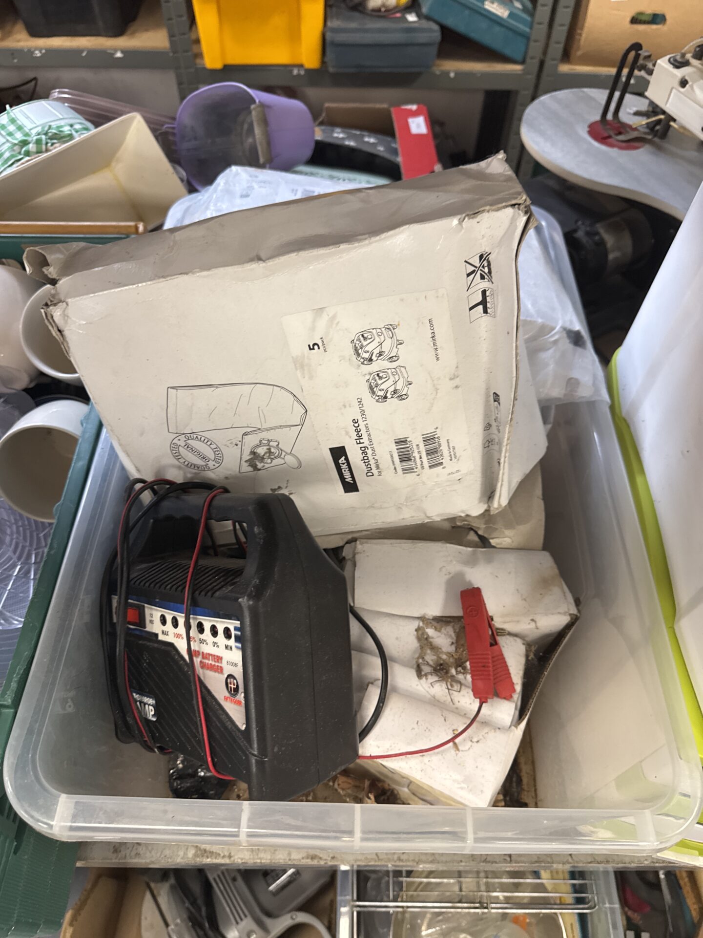 1107 Box of mixed items inc fifth gear 12v battery charger