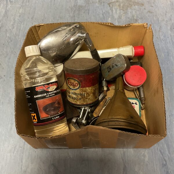 Vintage Esso grease can and tools in a lot.