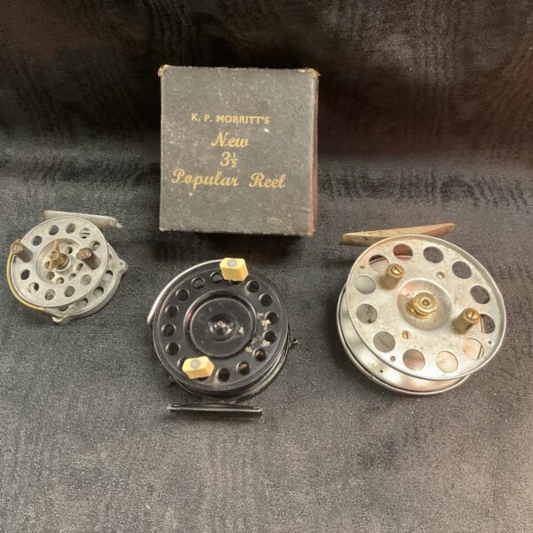 Vintage K P Morris 3 1/2 “Popular” centre pin reel with box and alloy reels.