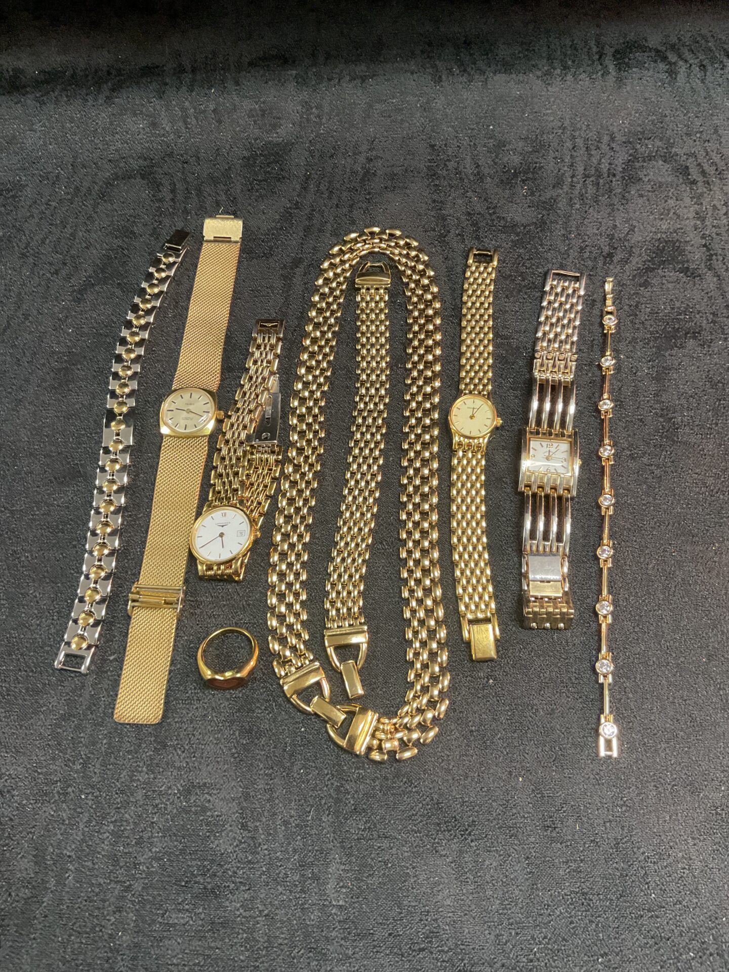 751 Tray Gold plated ladies Watches and Necklace and bracelets inc Longines