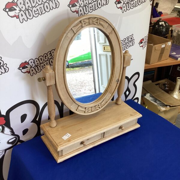 Vintage pine dressing table mirror with drawer, front view.