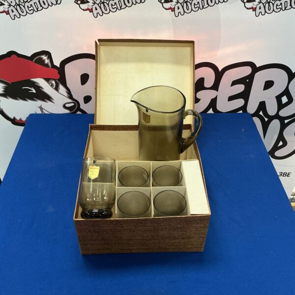 Vintage Saxony smoked glass pitcher and glasses set.