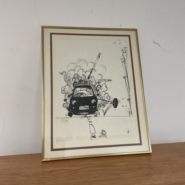 Vintage cartoon drawing of a classic car breakdown.
