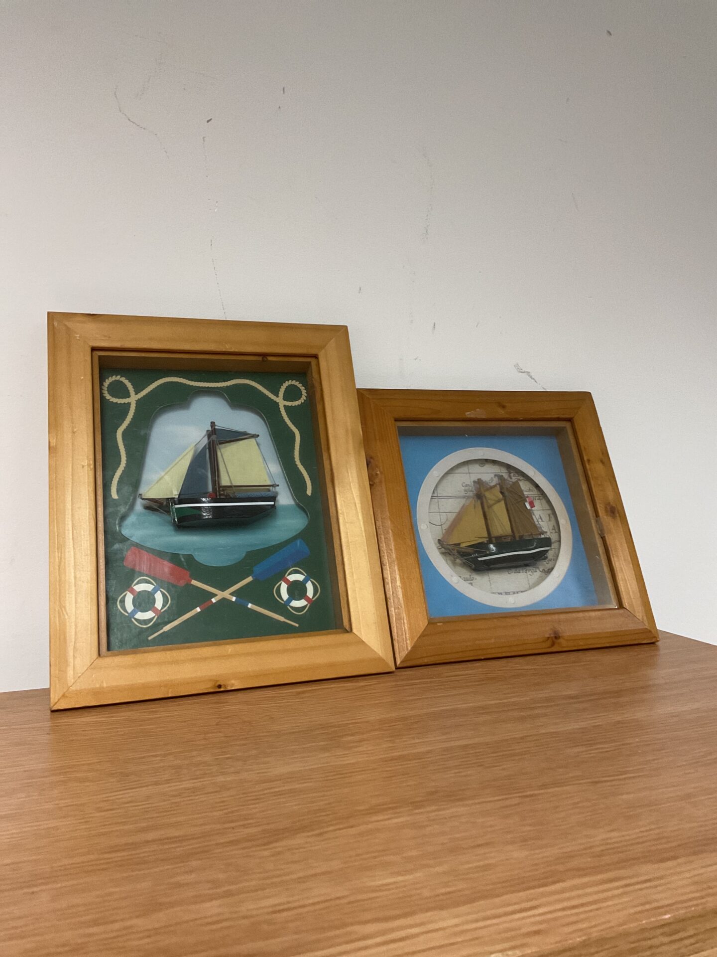 1207 Pair of nautical wooden ship framed dioramas
